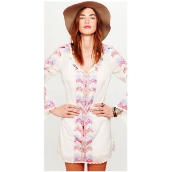 RARE Vintage Free People Embroidered Bell Sleeve Hippie Boho Mini Dress - Picture 10 of 12